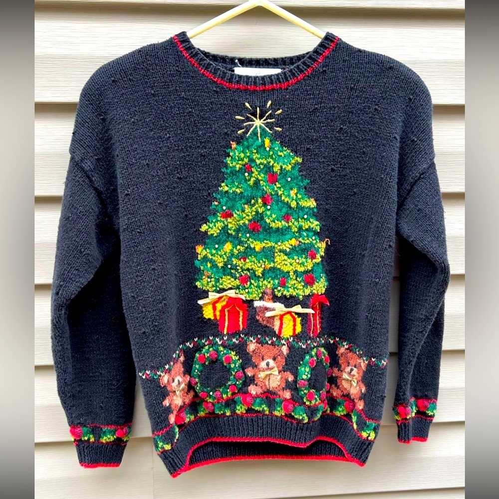 VTG 90’s Casual Corner size M navy blue ugly Teddy Christmas sweater textured